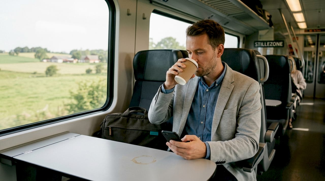 En morgenpendler sidder i DSB-toget med en kop kaffe i hånden og mobilen klar til dagens nyheder.