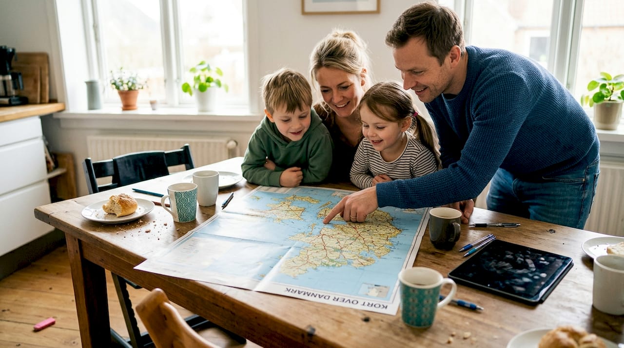 Familien samler sig om køkkenbordet for at planlægge, hvilke seværdigheder de vil opleve
