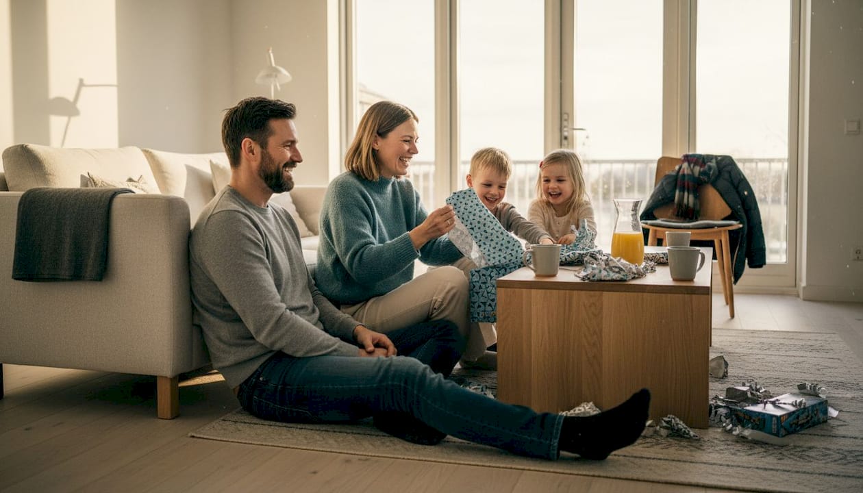 En dansk familie samles i stuen for at pakke gaver op.