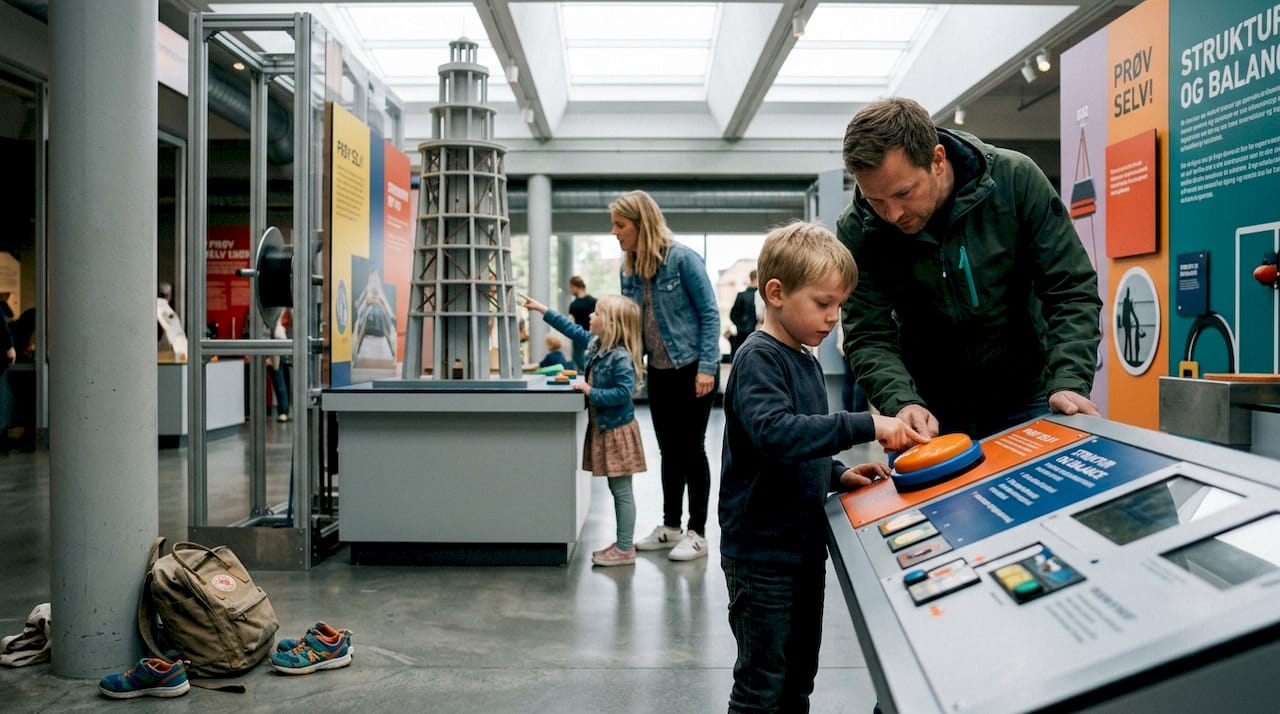 En familie går på opdagelse sammen i en spændende museumsudstilling.