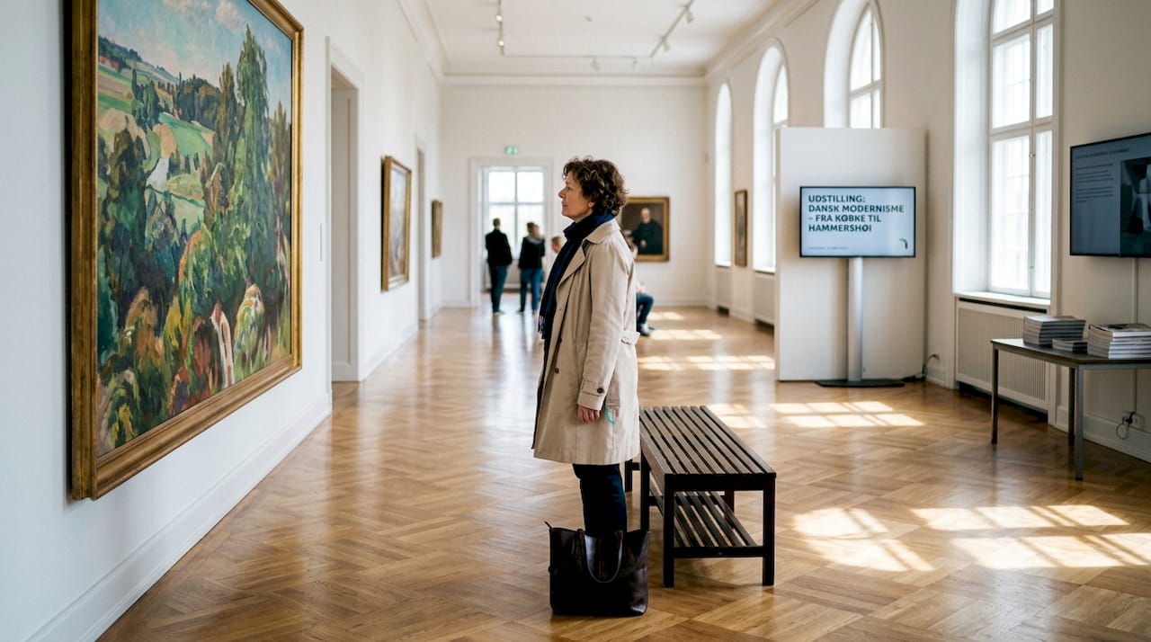 En kvinde fordyber sig i kunsten på et dansk museum