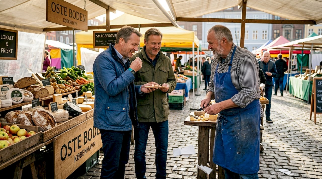 Friends enjoy tasting delicacies at the local food market.