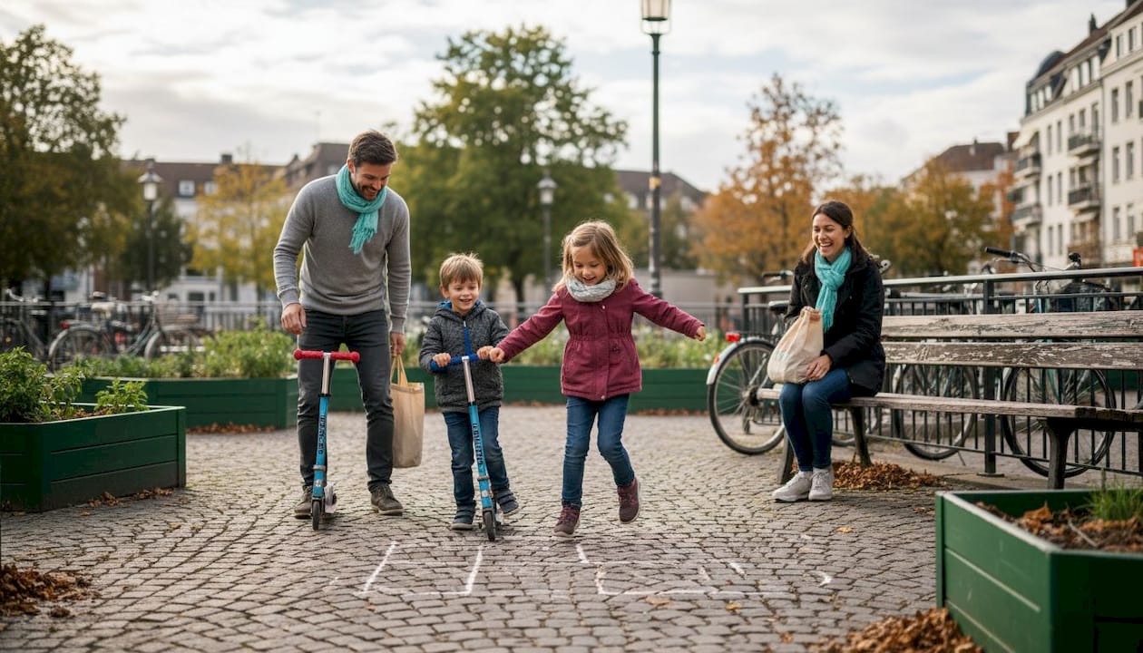 Eine Familie amüsiert sich und spielt mit den Kindern auf dem Marktplatz in der Stadt.