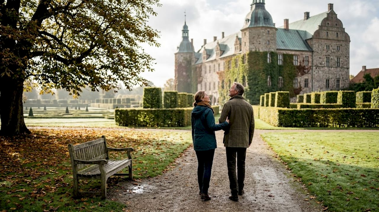 A couple walks hand in hand along the castle's beautiful garden grounds