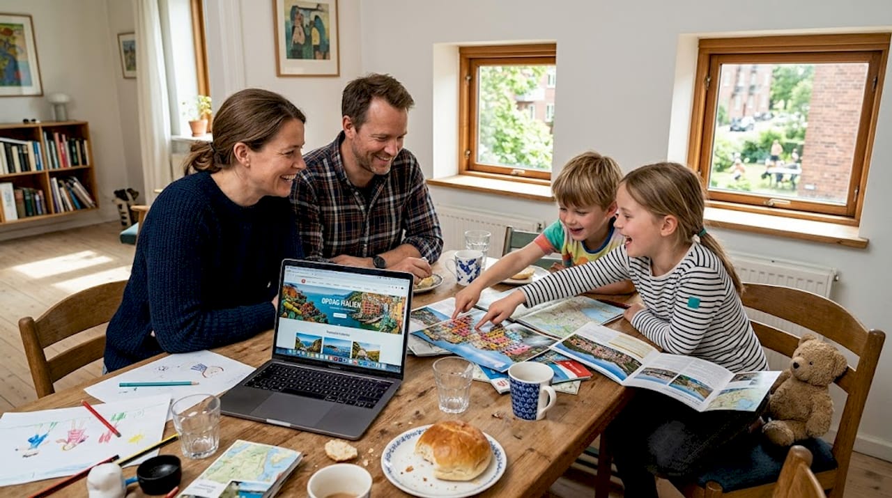 The whole family gathers around the dining table to plan the summer vacation and come up with cozy activities they can do together.