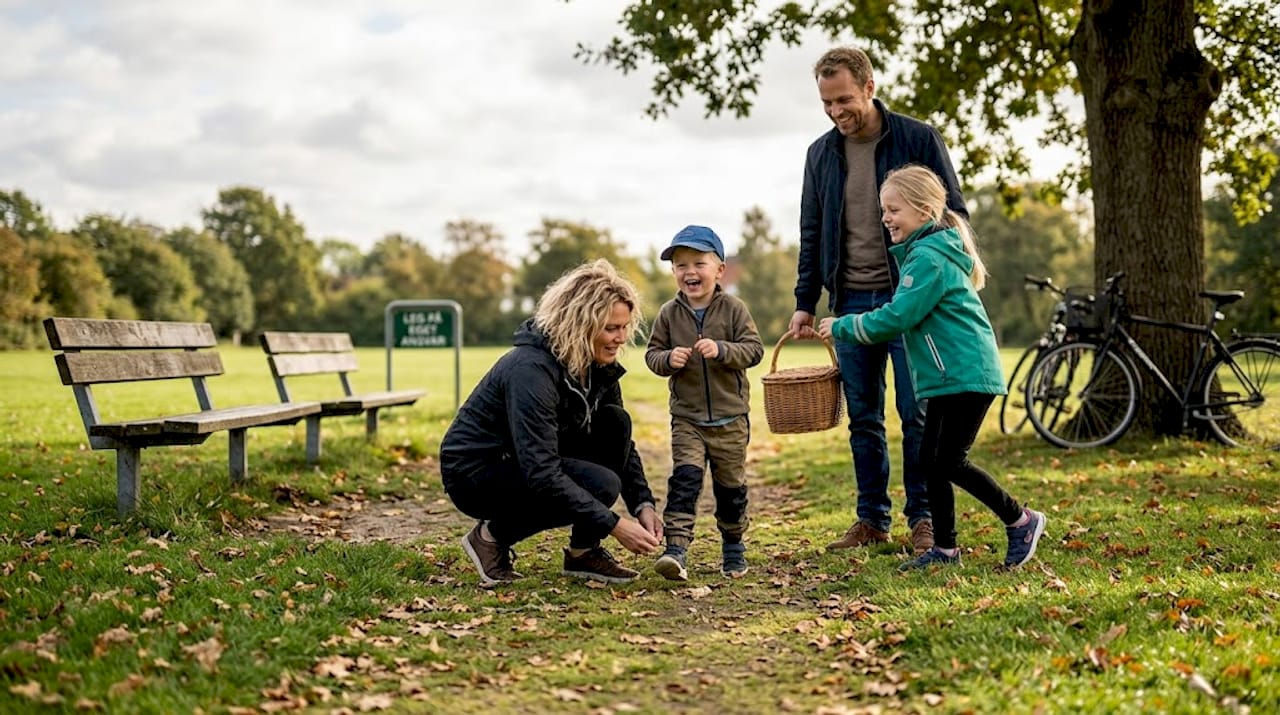 A family is having fun together and playing in a Danish park.