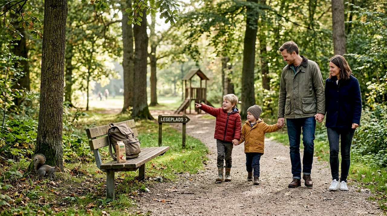 En familie nyder en dag sammen og går på opdagelse i en dansk park.
