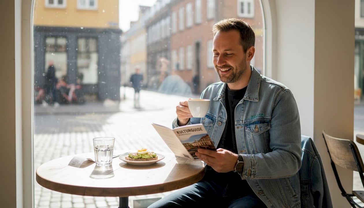En mand sidder og nyder en kop kaffe på en hyggelig café i byen.