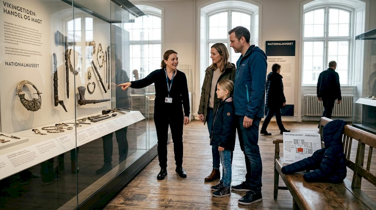 En familie får en guidet rundvisning på et dansk museum