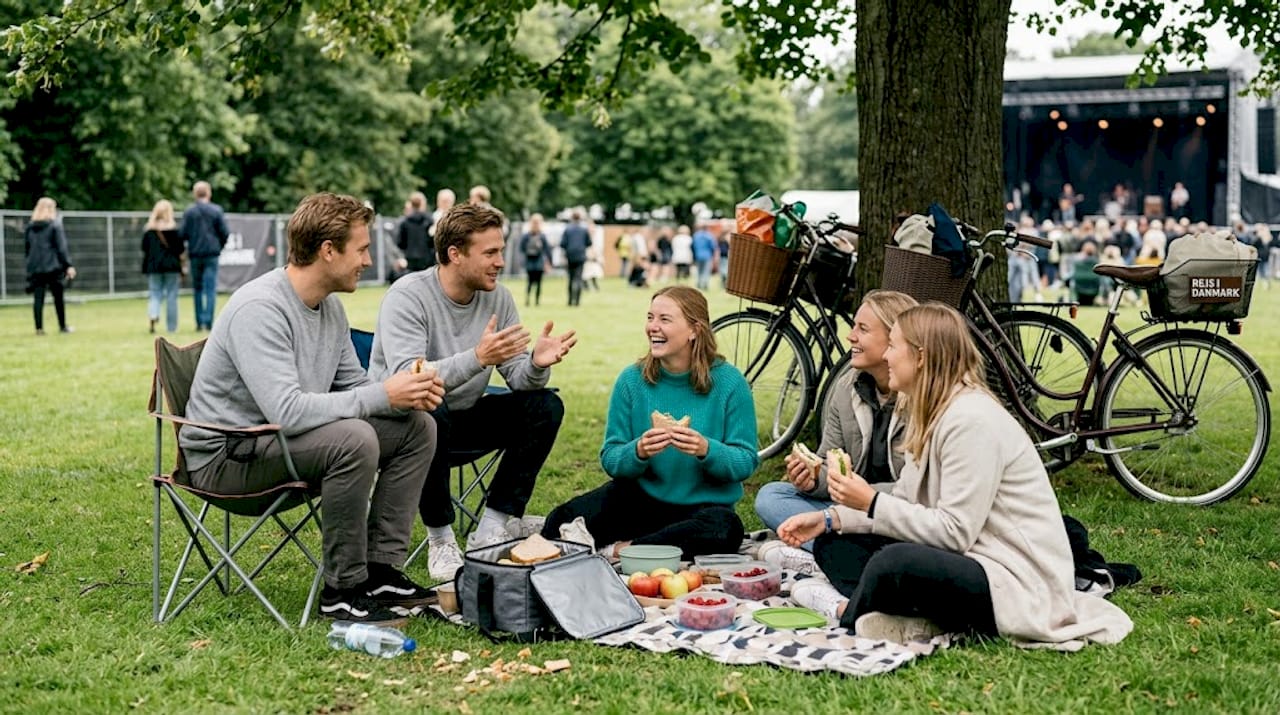 Friends enjoy themselves together at a Danish summer festival