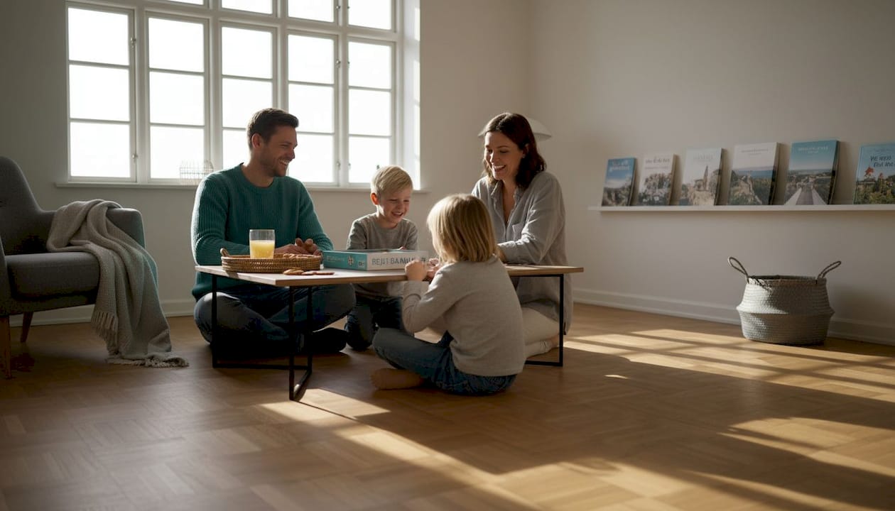 En familie hygger sig med et brætspil i stuen derhjemme