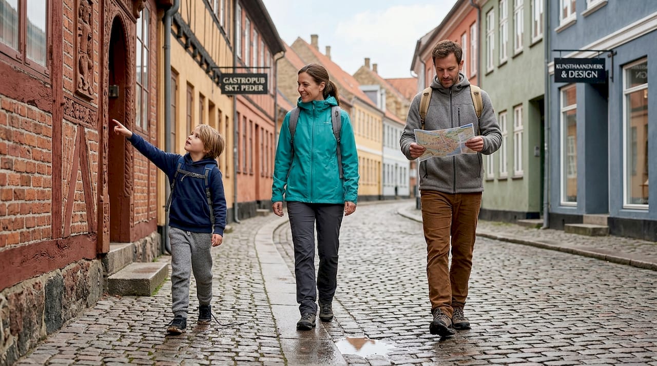 En familie på tur gennem en stemningsfuld, historisk gade i byen