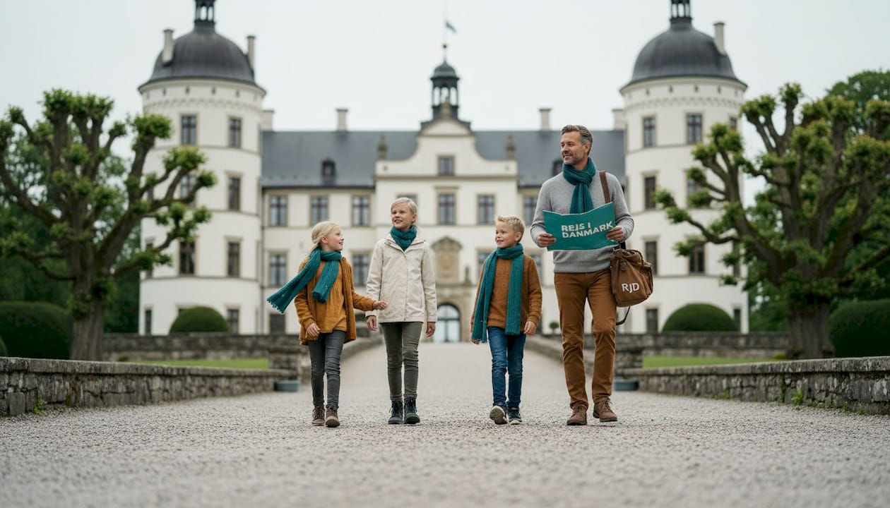 Eine Familie nähert sich dem alten Schloss auf dem gewundenen Kiesweg.