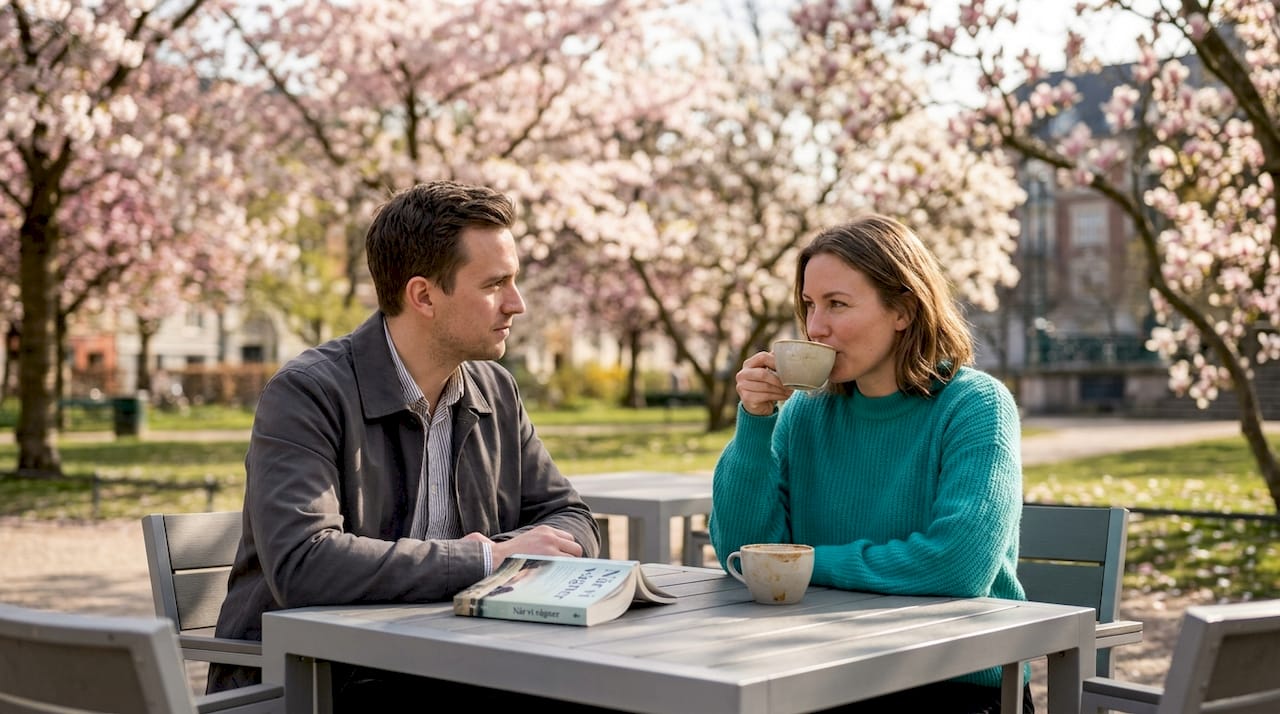 Friends are enjoying a cup of coffee at a café in the city center of Aarhus.