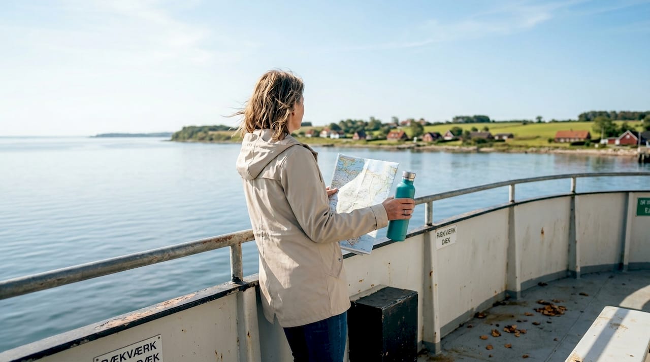 A woman disembarks from the ferry on one of the Danish islands.
