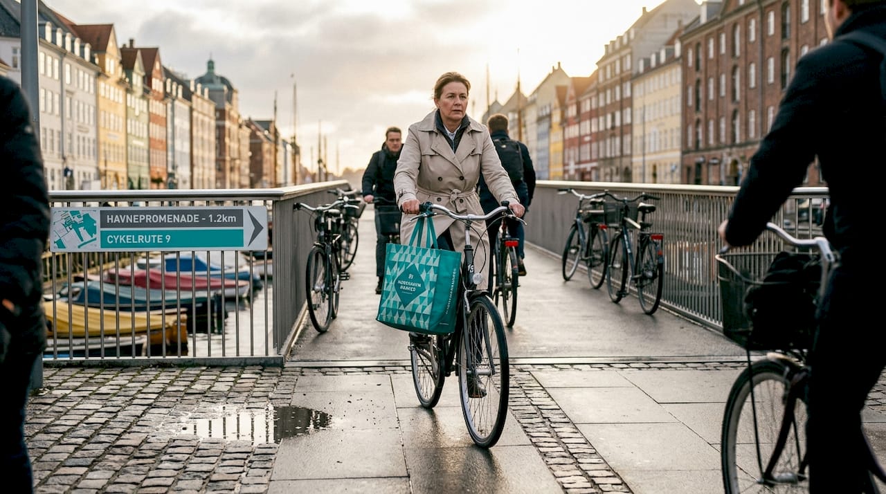 Eine Frau fährt mit dem Fahrrad über eine der Brücken Kopenhagens.