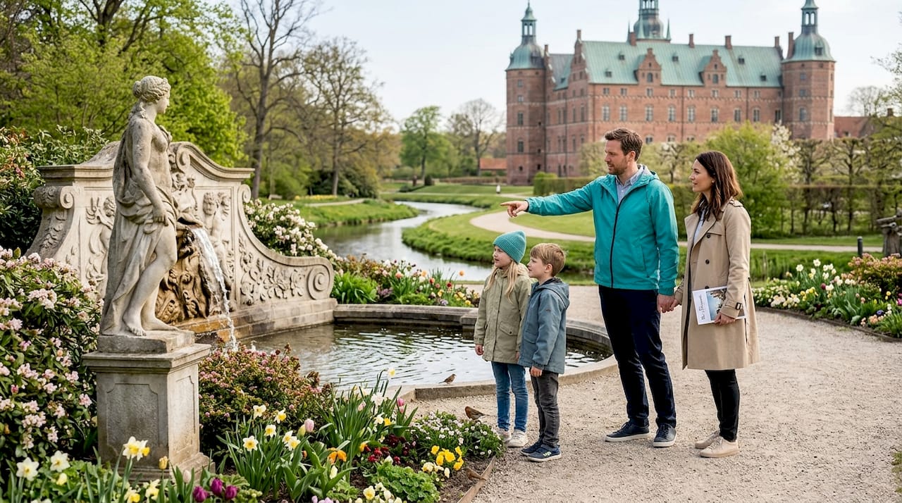 A family walks together through the castle courtyard and enjoys the atmosphere of the old Danish castle.