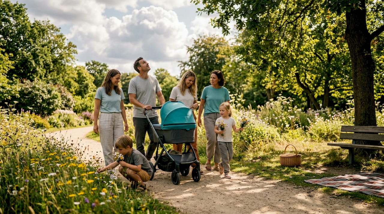 Eine Familie genießt die Frühlingssonne bei einem gemütlichen Spaziergang im Park.