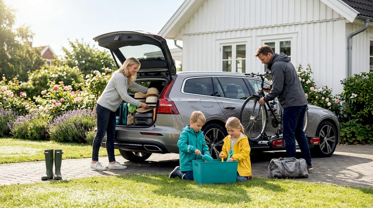 Hele familien er i fuld gang med at pakke bilen til sommerferien.