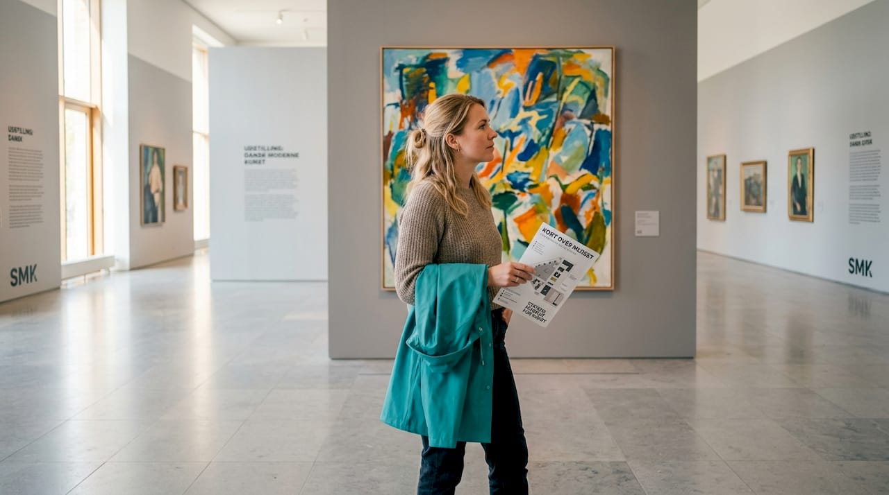 En besøgende står roligt og betragter kunsten i galleriet.