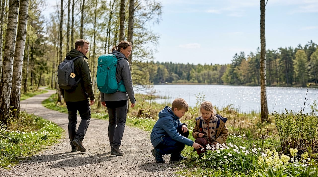 A family is taking a pleasant walk along a forest trail in Danish nature.