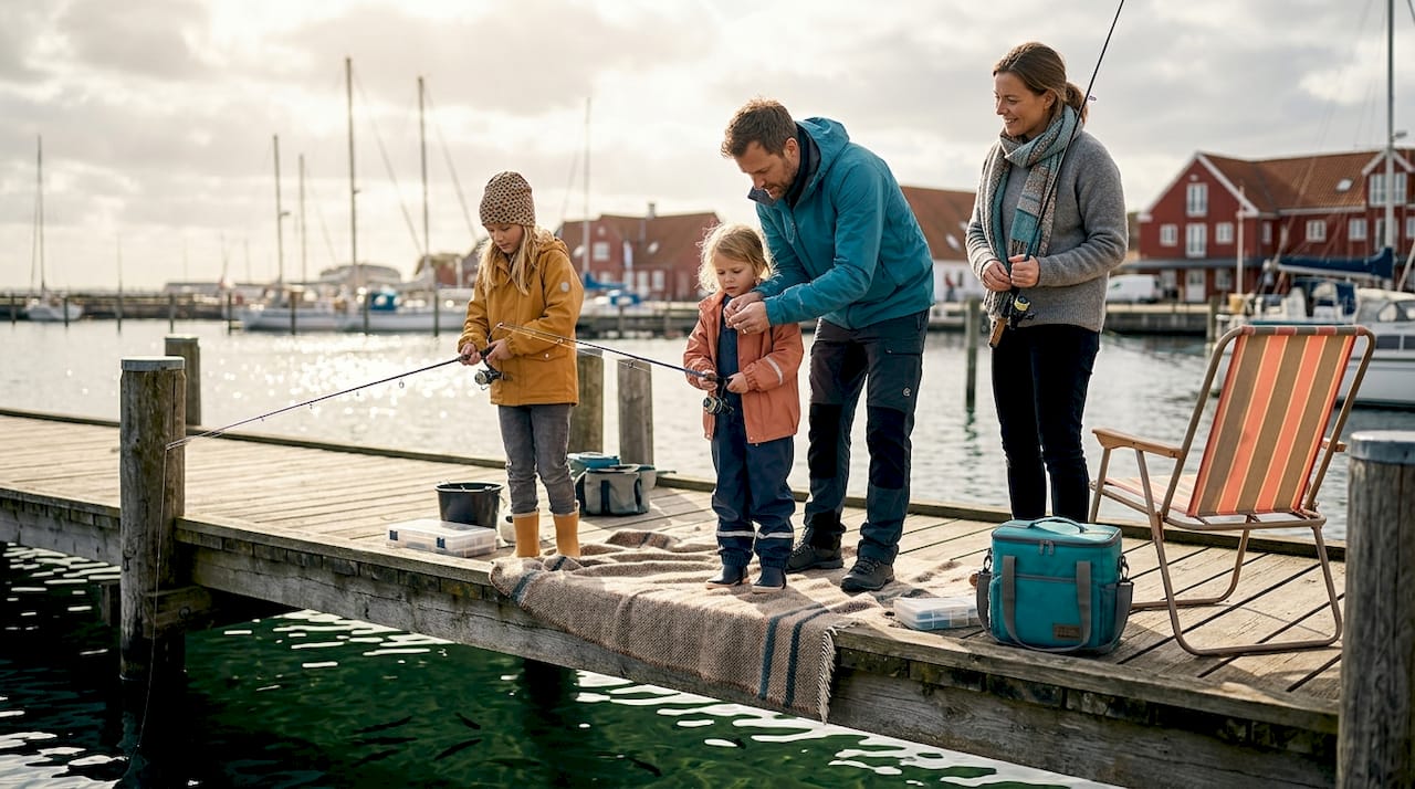 En familie står og fisker sammen med deres børn ude på havnemolen.