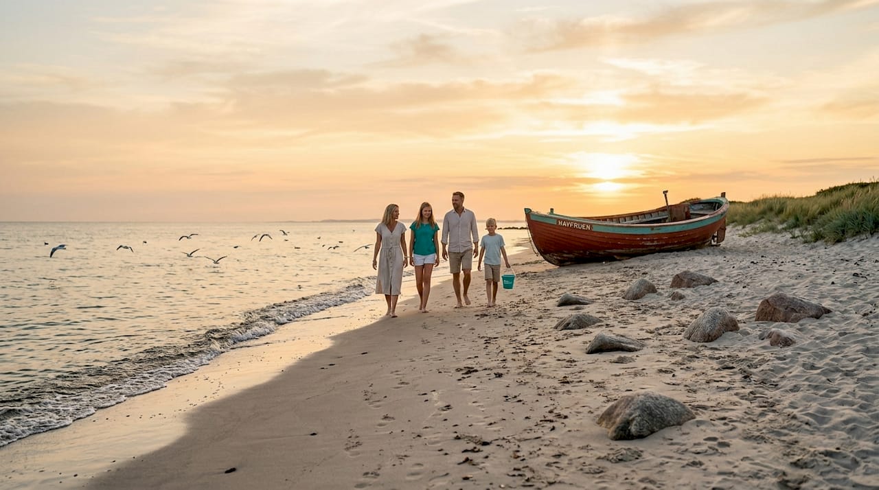 En familie nyder en hyggelig gåtur langs stranden på en dansk ø.
