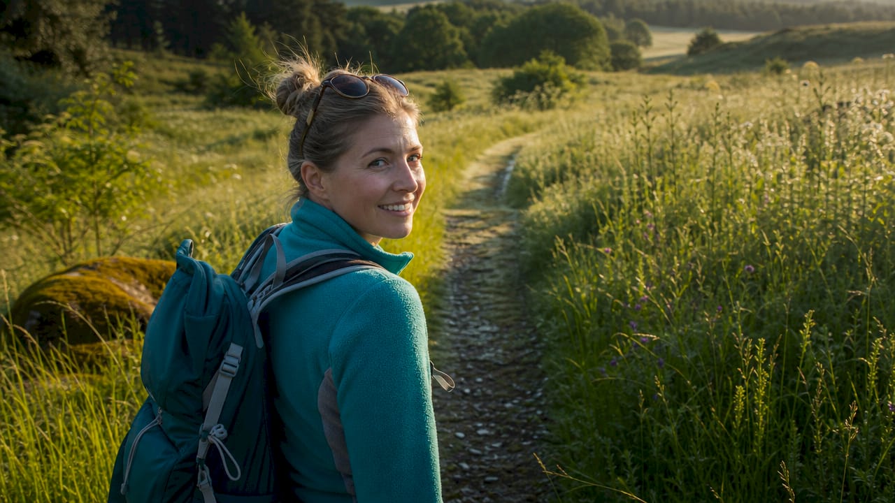 En kvinde går tur ad en hyggelig skovsti i den danske natur