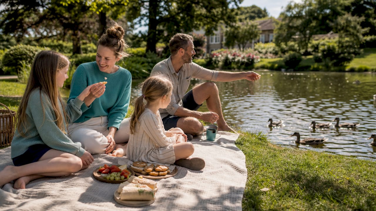 En familie nyder en hyggelig picnic sammen under åben himmel i parken.
