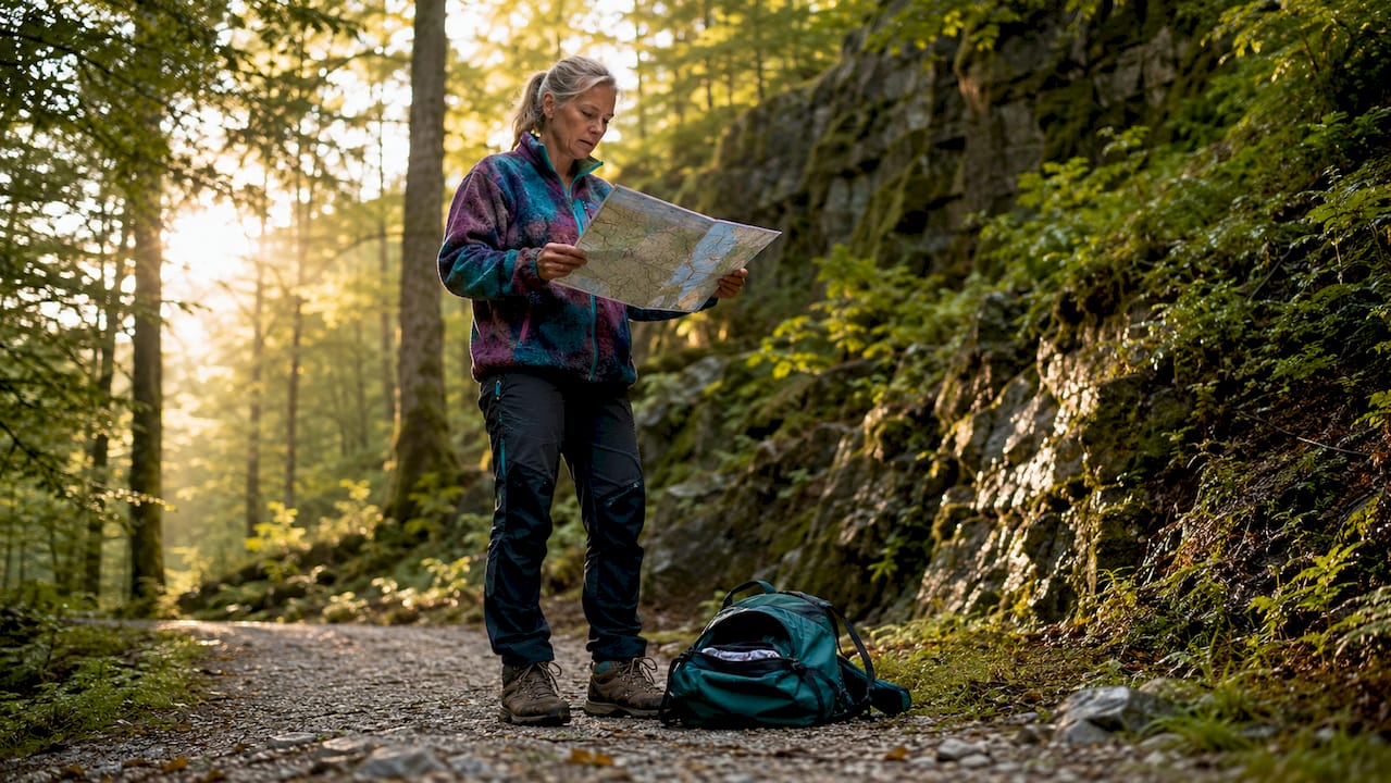 Kvinde sidder og planlægger sin vandretur i Danmark med kortet slået ud foran sig.