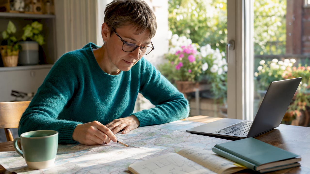 En person sidder og planlægger sin rute ved hjælp af både computer og fysiske kort.