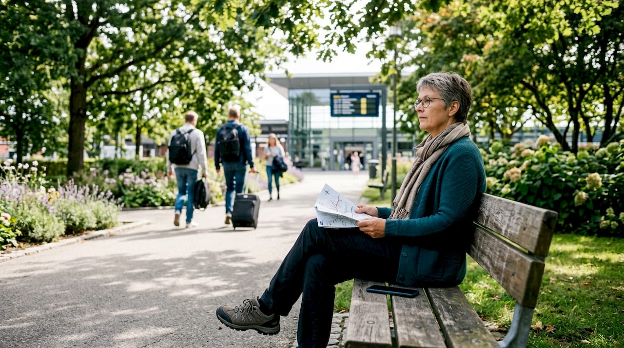A woman is standing on a train platform with a card in one hand and her mobile phone in the other.