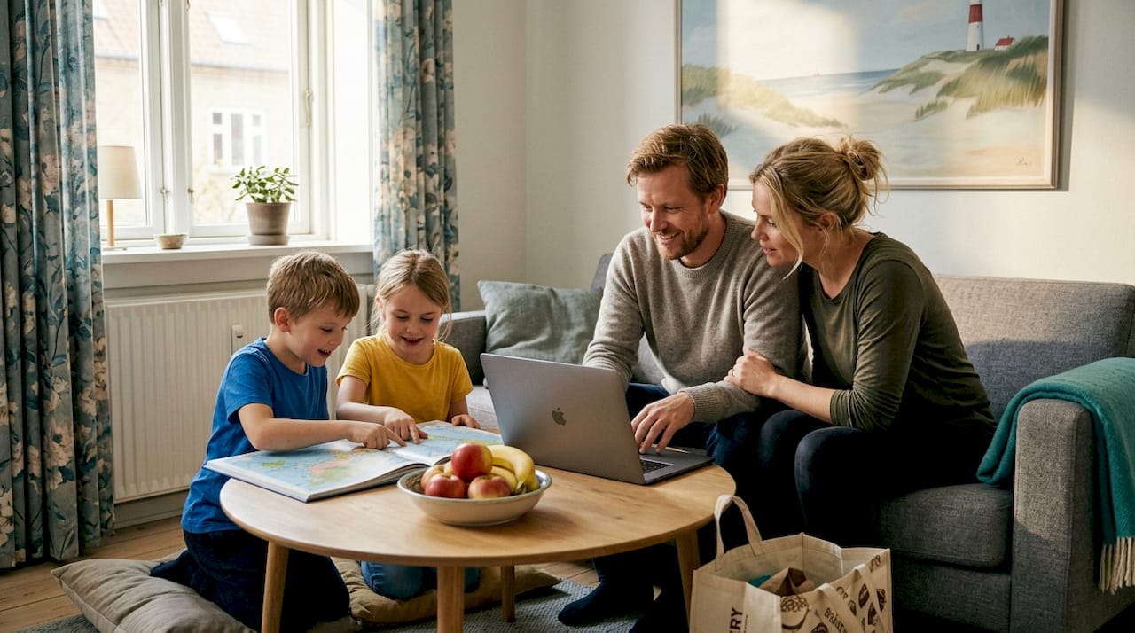 Hele familien samles rundt om køkkenbordet for at lægge ferieplaner og drømme om sommerens oplevelser.