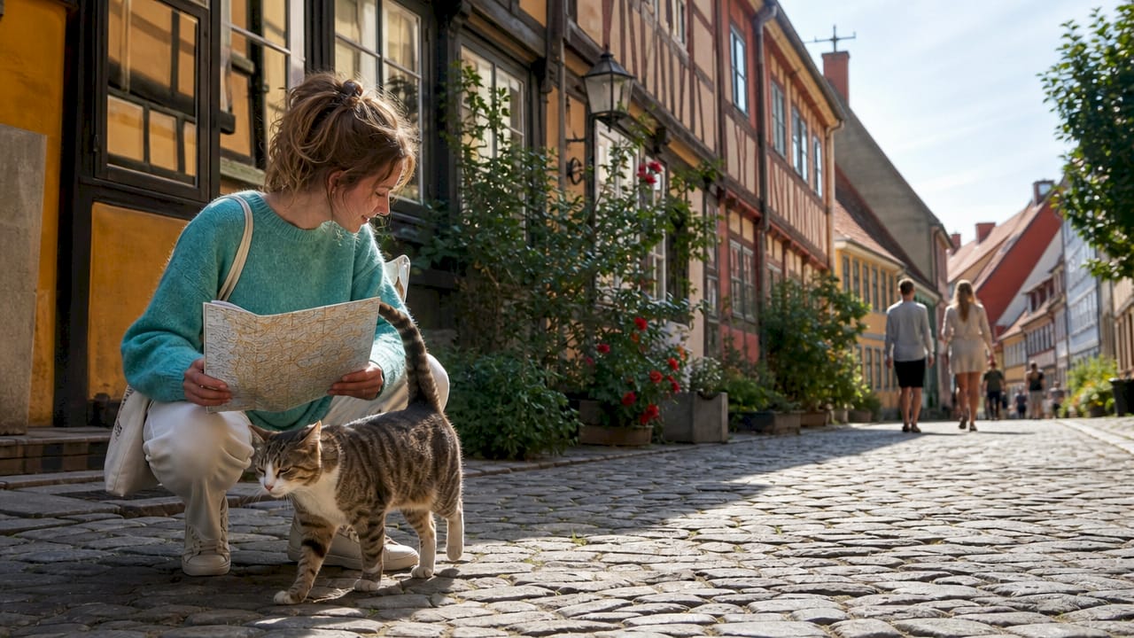 En stemningsfuld, gammel gade med charmerende bindingsværkshuse, hvor folk går og nyder den historiske atmosfære.