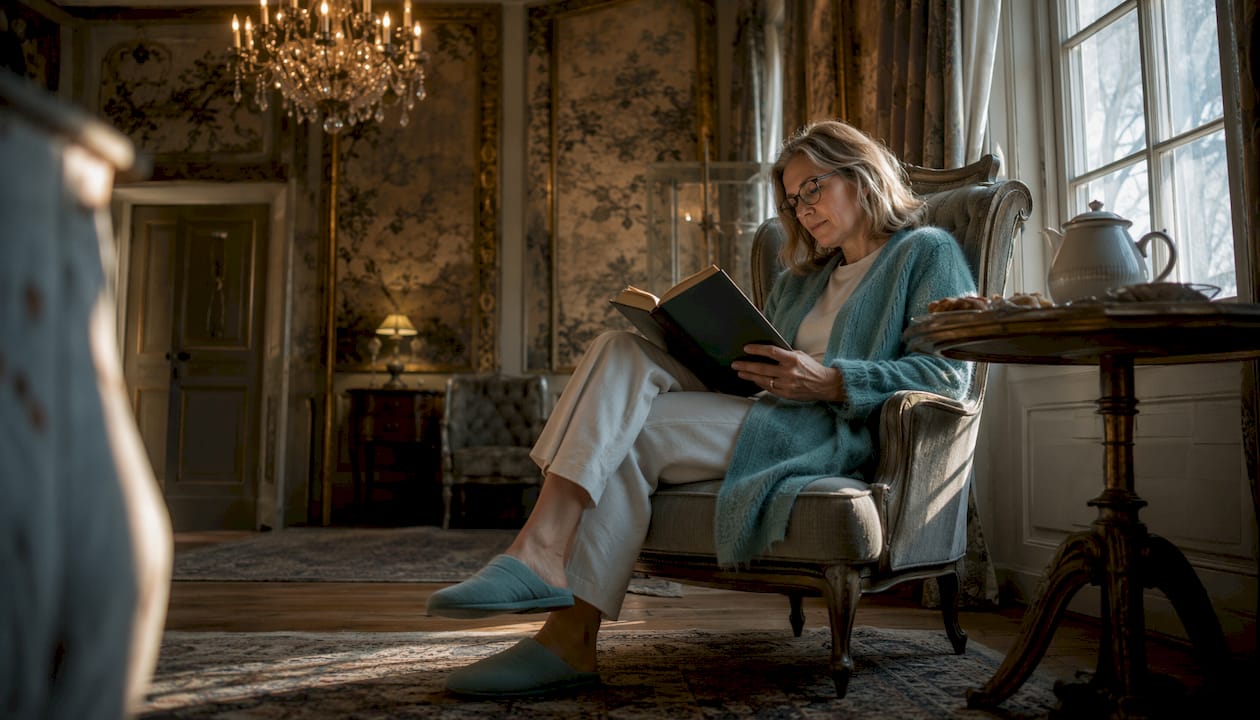 A guest relaxes in the cozy lounge of the historic castle hotel.