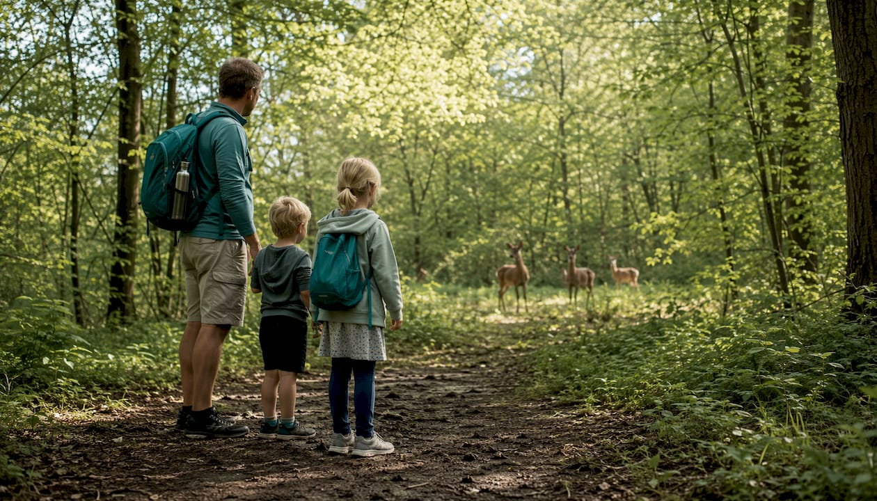 En familie nyder en hyggelig dag i Marselisborg Dyrehave, hvor de i ro og mag betragter dådyr og hjorte i det fri.