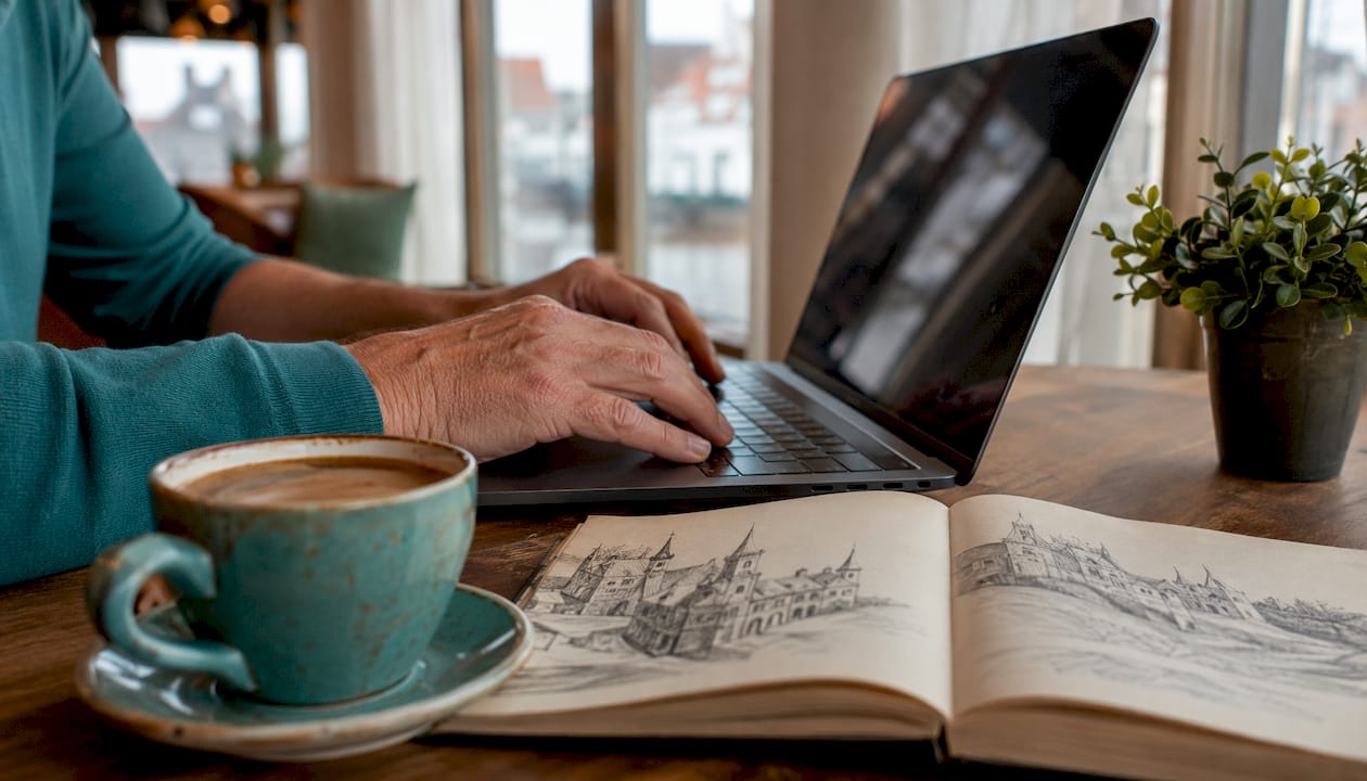 A man is sitting at home and booking a room at a castle hotel online.