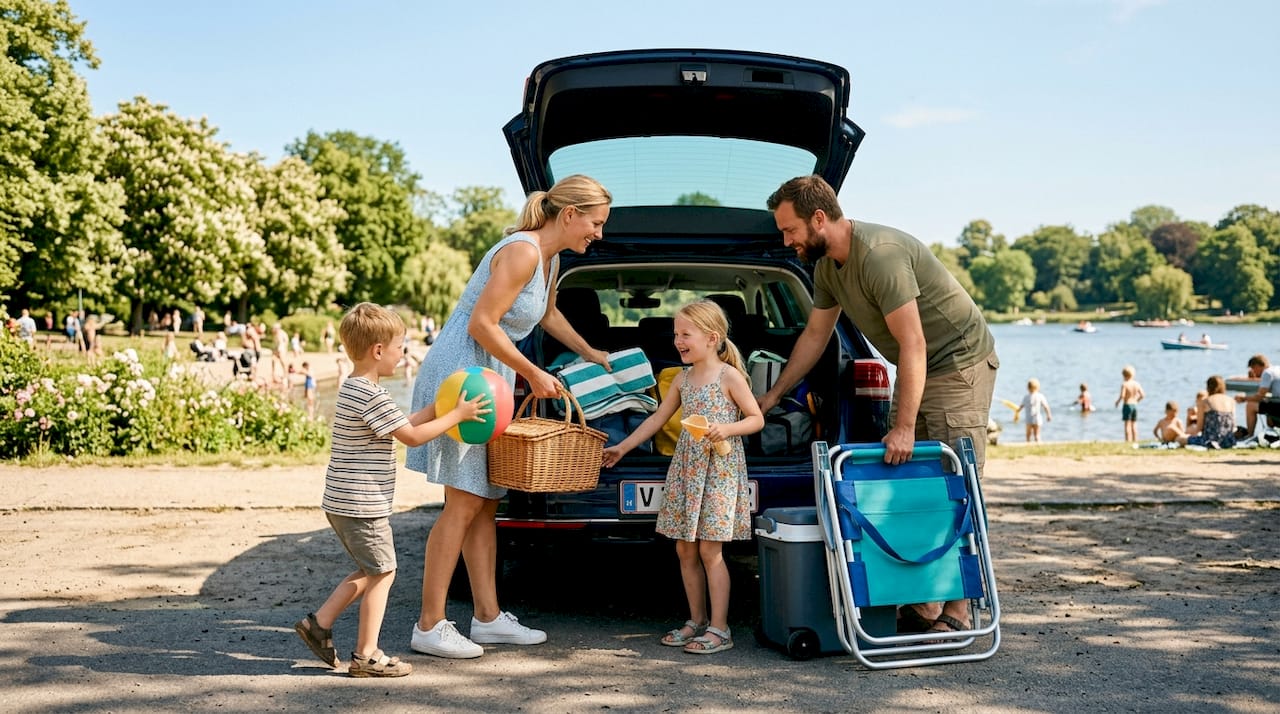 Familien gør bilen klar til en dag på stranden