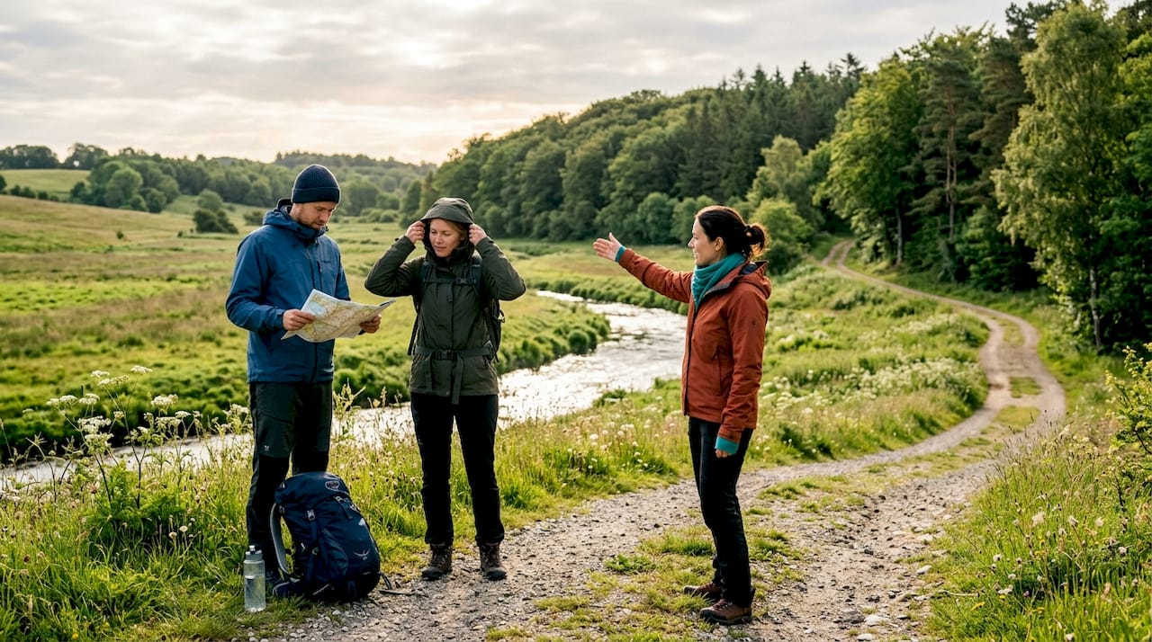 En gruppe gør sig klar til en vandretur i den danske skov