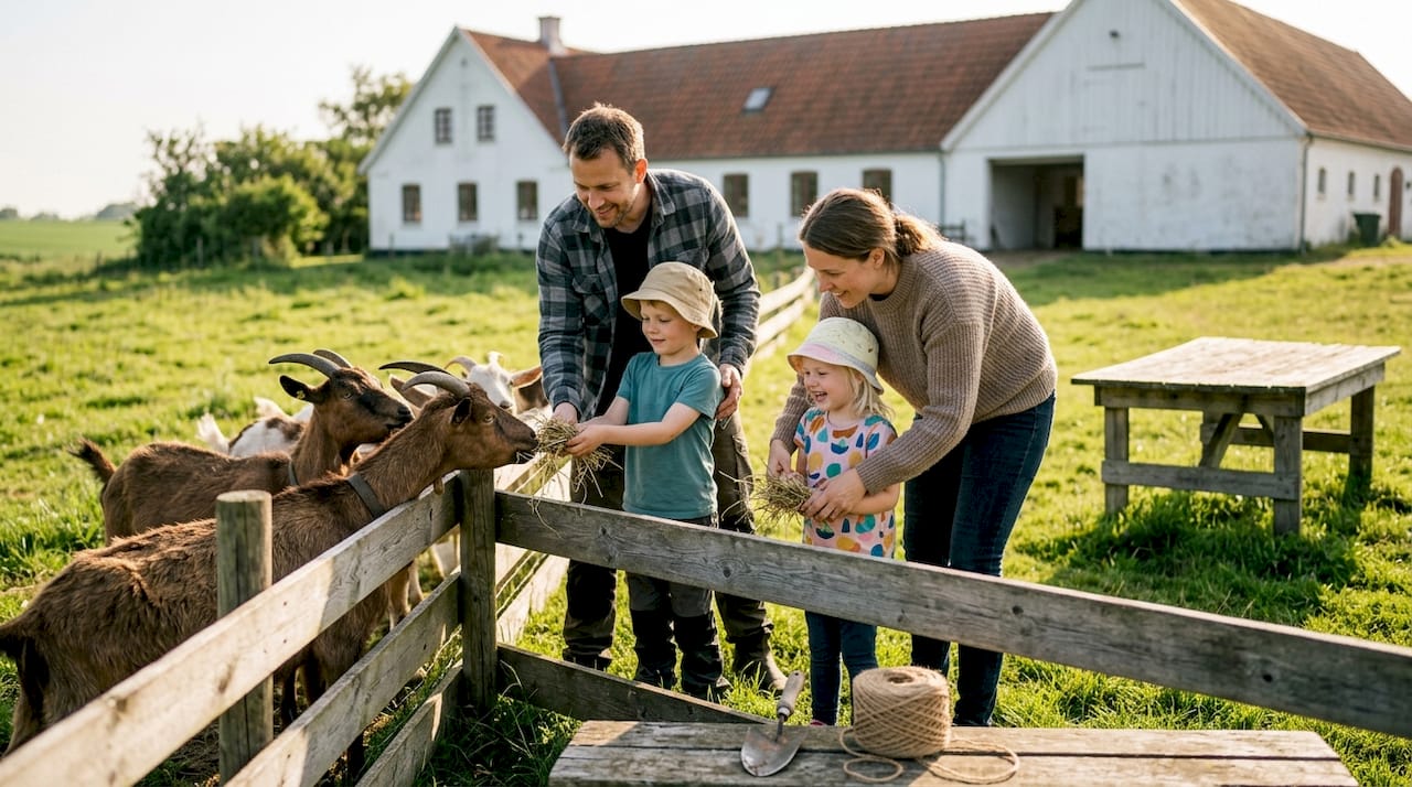 En familie hygger sig med at fodre får på landet.