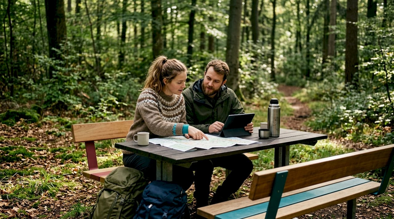 Et par lægger planer for en hyggelig weekendtur i naturen, hvor budgettet holdes på et fornuftigt niveau.