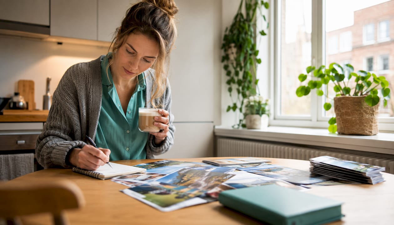 A woman is sitting at the table planning trips to Danish attractions