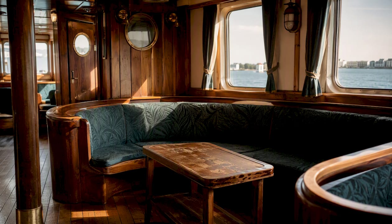 Die gemütliche Holzgestaltung im Salon des M/S Helge schafft eine warme und authentische Atmosphäre an Bord.