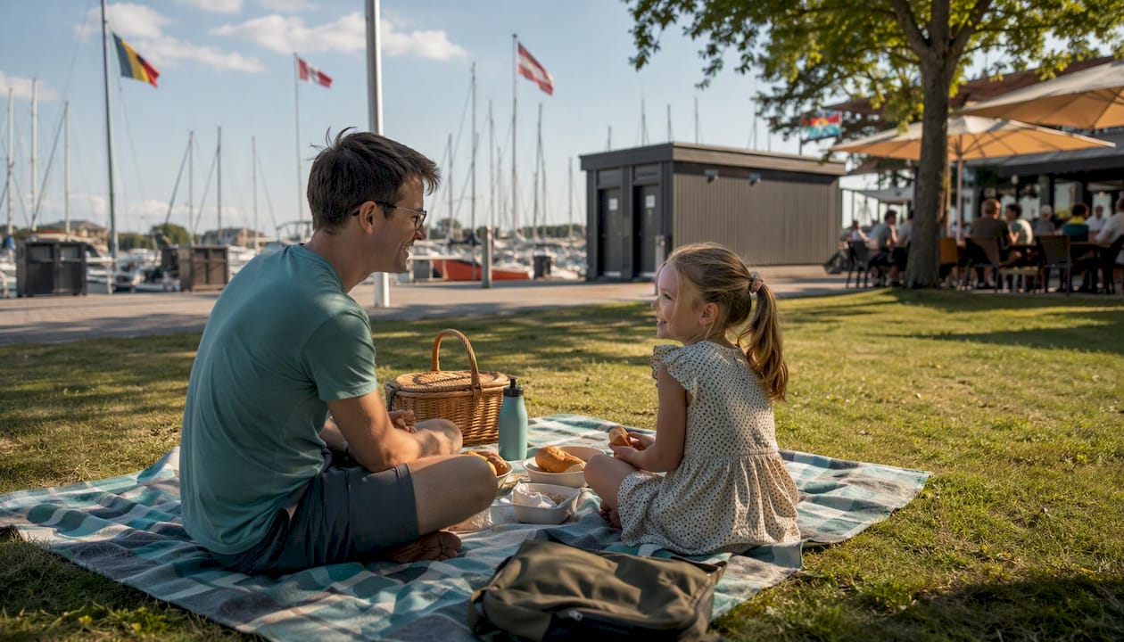 Eine Familie vergnügt sich bei einem Picknick im Hafenviertel von Roskilde.