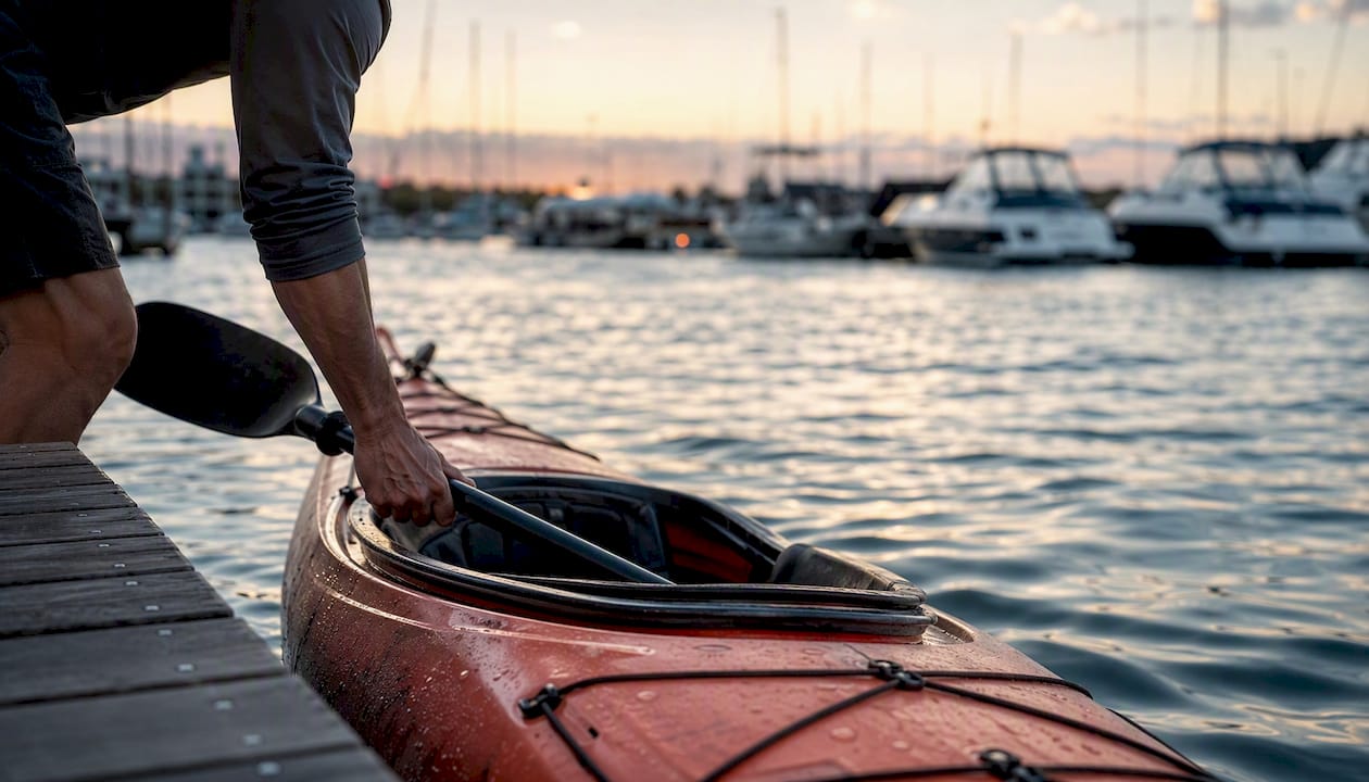 So setzen Sie das Kajak von einem dänischen Hafen ins Wasser