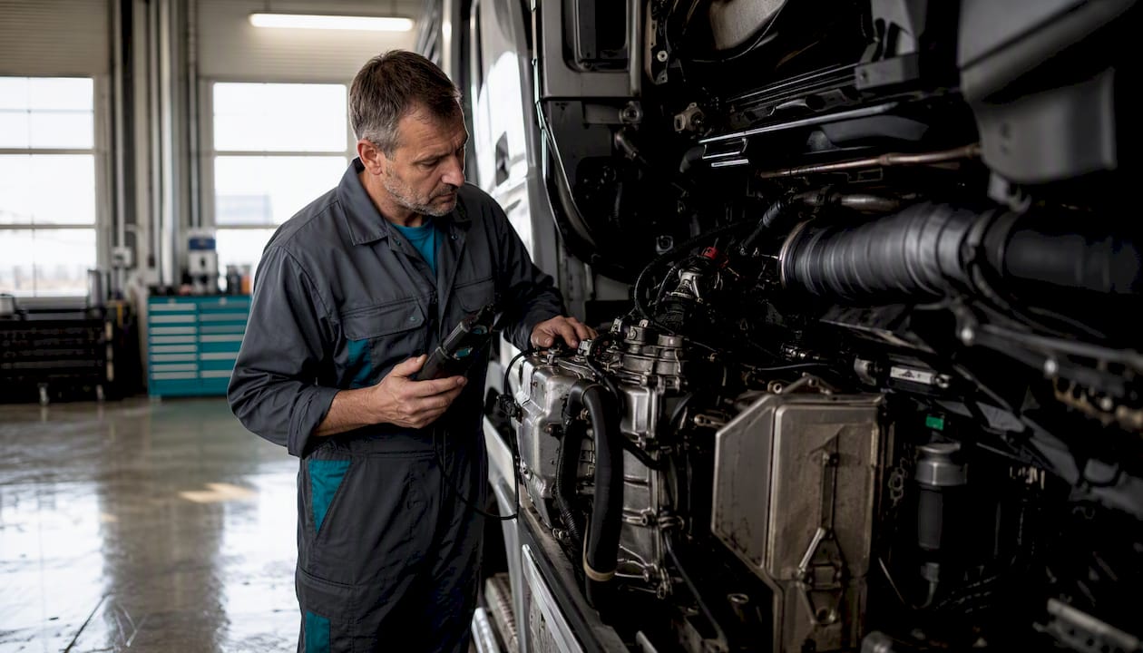 Ein Mechaniker überprüft den Motor eines MAN-LKWs in der Werkstatt.