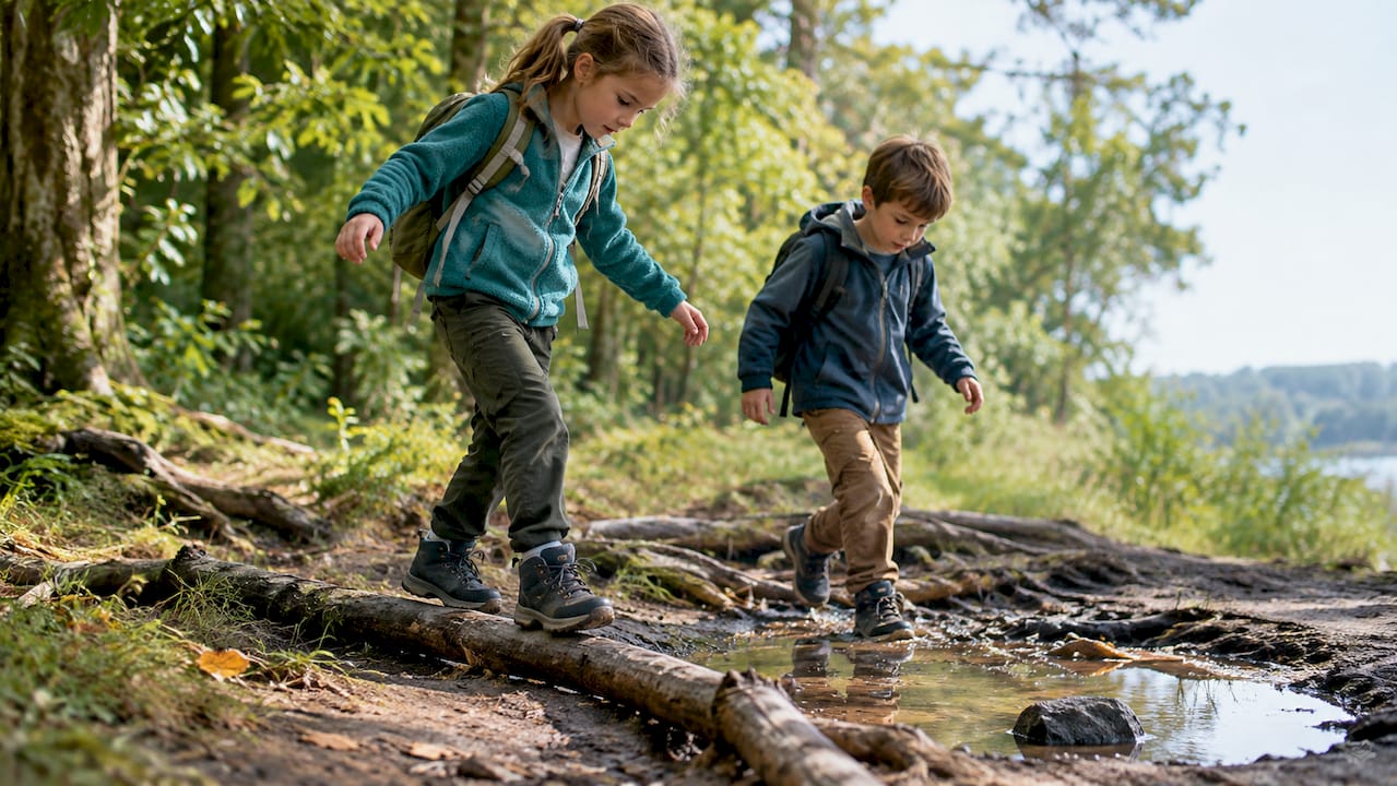 Children balancing on uneven terrain in nature