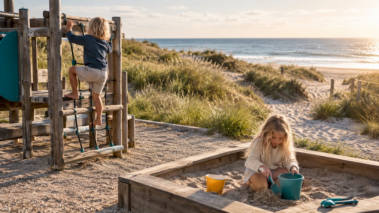 Kinder spielen auf dem Spielplatz in der Nähe des Strandes