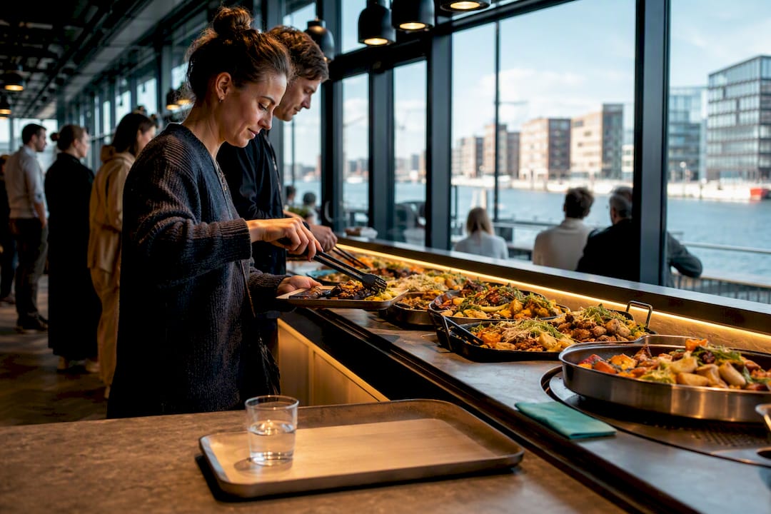 Besøgende, der spiser i food hall ved havnen