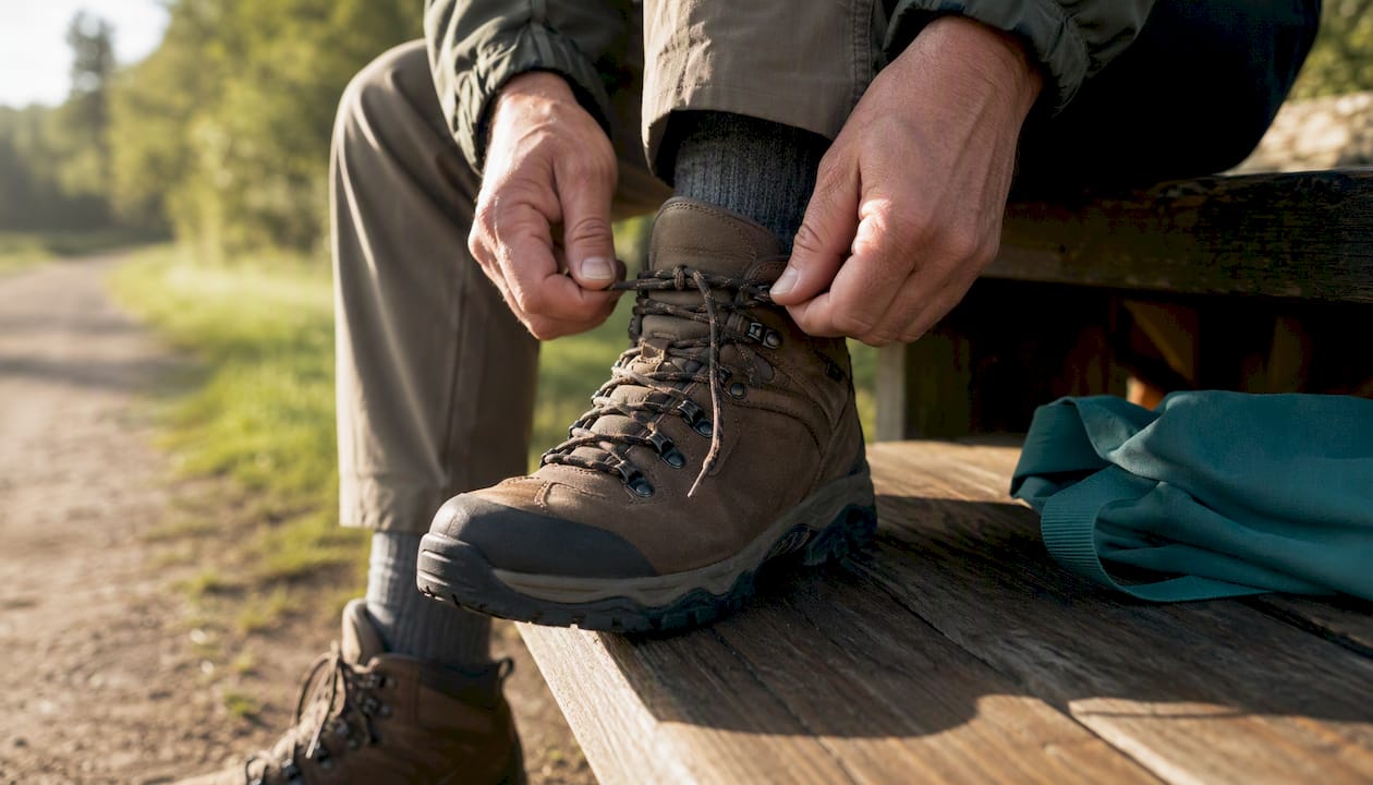 Hands tighten hiking shoes before the first hike